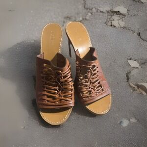 J. CREW MARLOW HUARACHE MULES Leather Light Blush 3.5" Heel Sz 8.5 Brazil Cognac